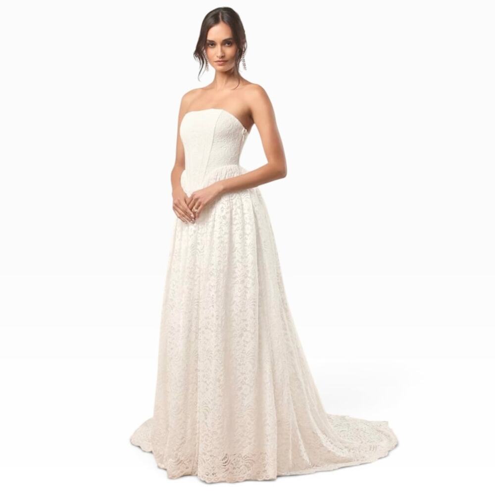 Lulus Shiori White Lace Bustier Basque Waist Strapless Maxi Dress size M NWT